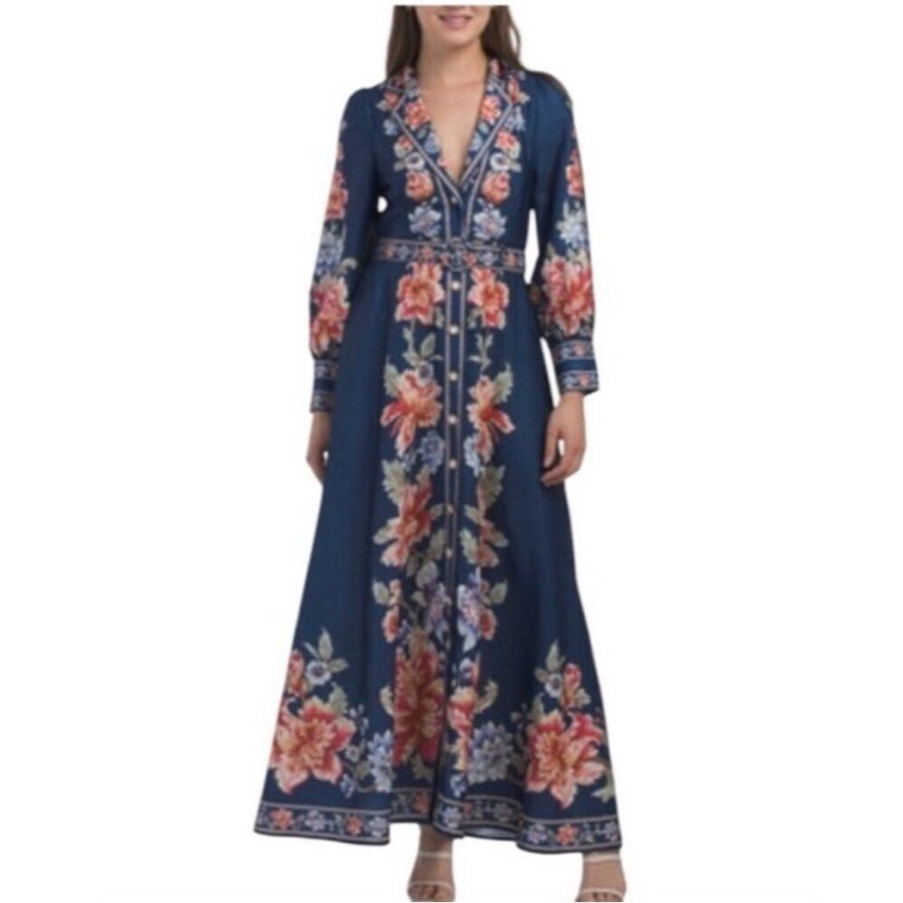 Dalia MacPhee V-neck Long Sleeve Floral Border Print Maxi Dress Boho Chic NEW